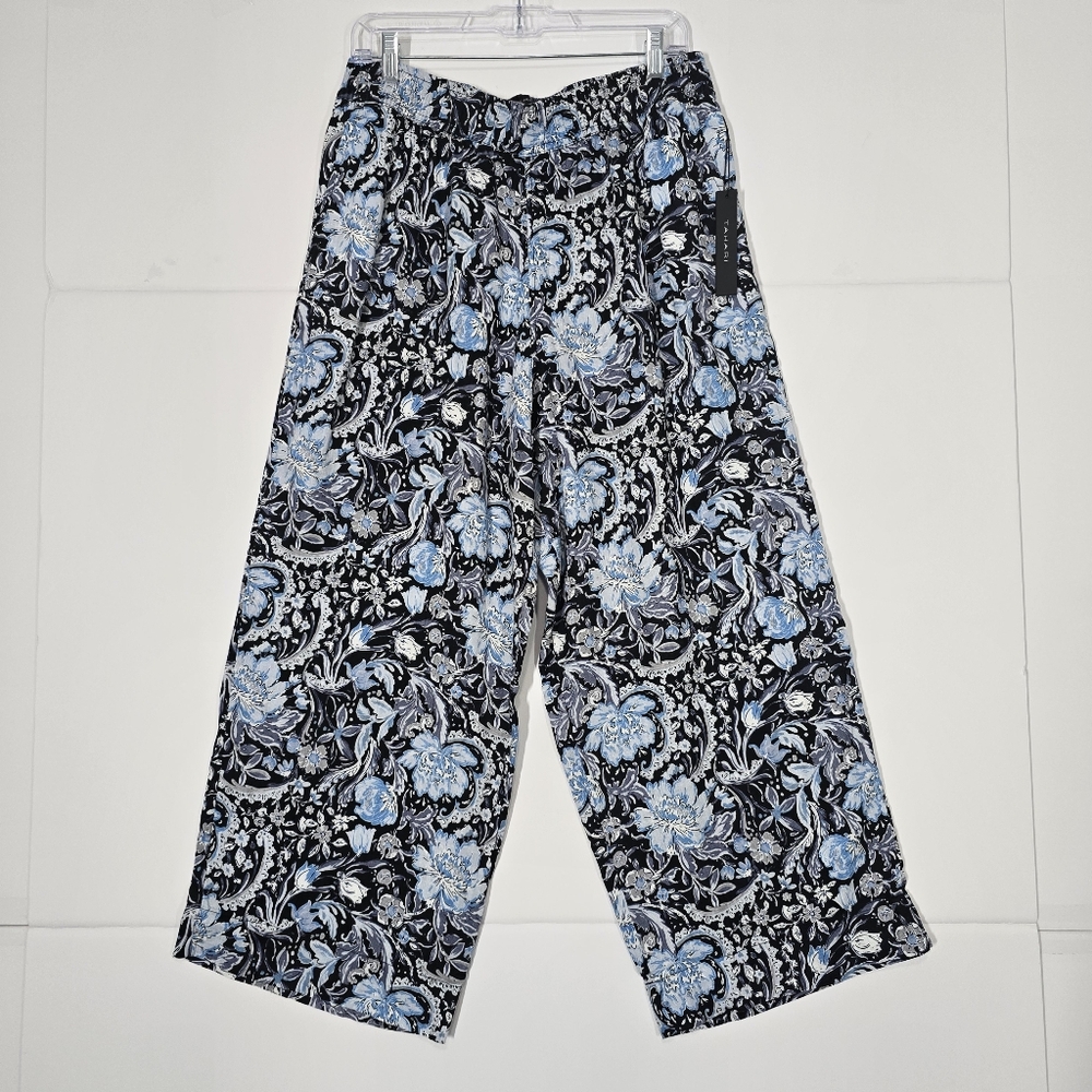 Tahari Wide Leg Linen Pants Womens L Blue Floral Cropped Boho NWT